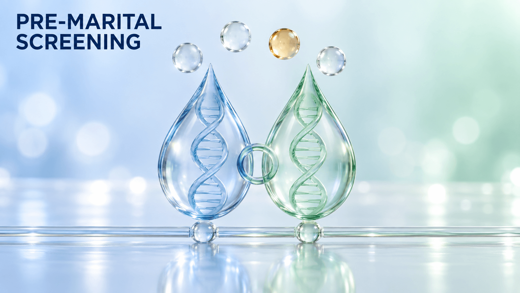 Two glass droplets each holding a faint helix, linked by a glass ring, with four small spheres above and one tinted amber, illustrating that carrier screening only means anything when both partners are tested