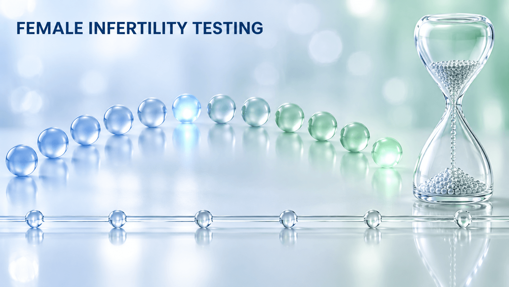 A curving row of glass spheres graduating from blue to green, one lit early in the arc and the last lit at its end, beside a glass hourglass whose falling sand is a stream of beads, illustrating when female fertility testing should begin
