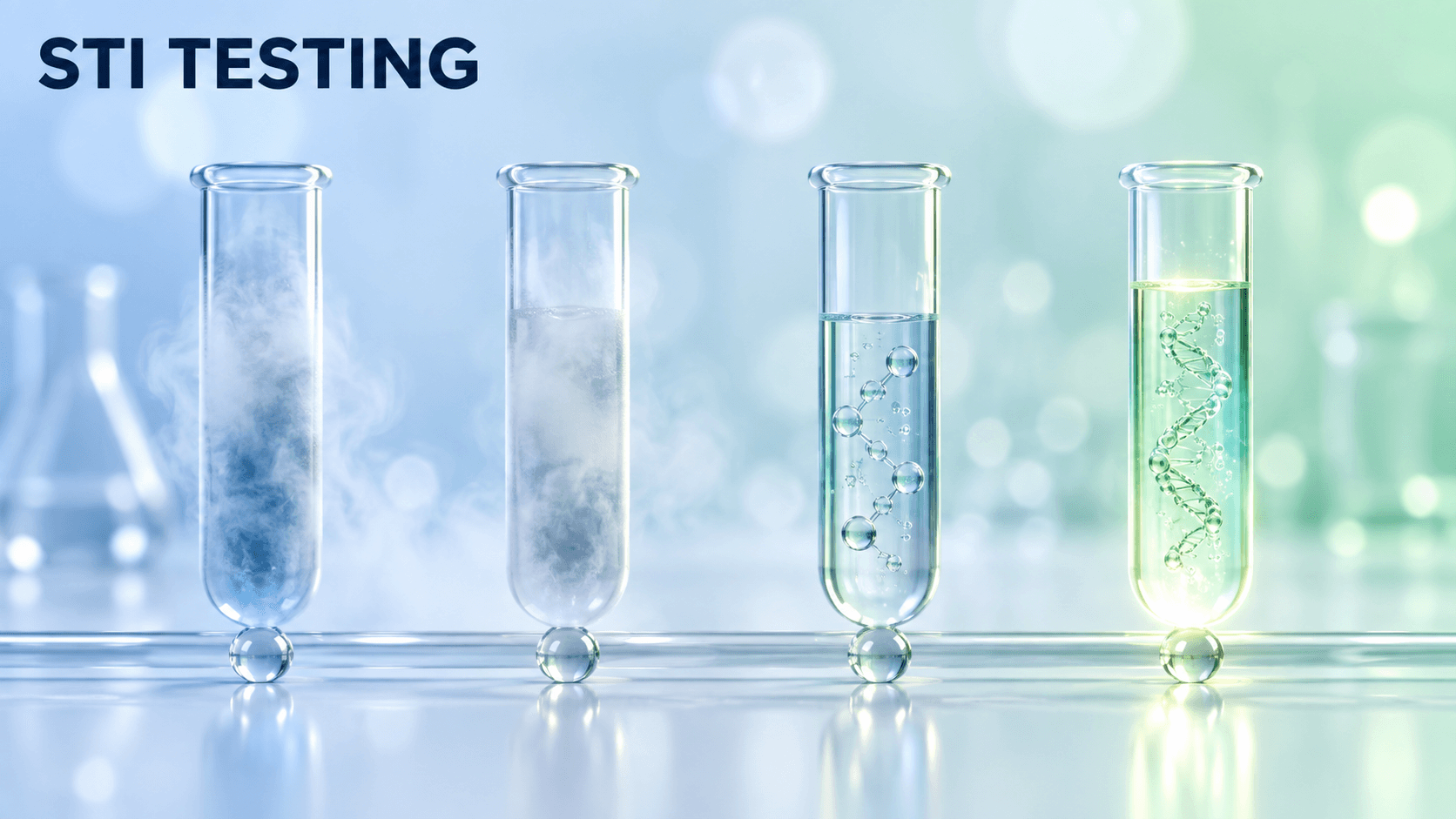 Four glass test tubes on a glass rail, the first two clouded so nothing in them can be read and the last two clear, the final one lit from within around a helix, illustrating how long after exposure each STI test becomes reliable