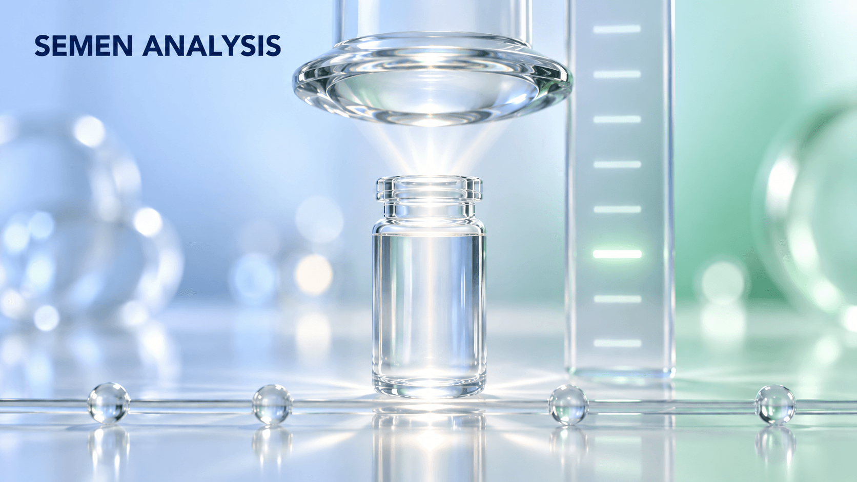 A glass sample vial beneath a suspended lens with a graduated glass scale behind it marked in soft bands, illustrating that the WHO semen reference limits are centiles rather than a pass mark